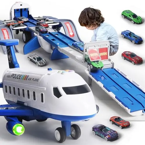 White and blue airplane toy that unfolds into a four-lane car race track