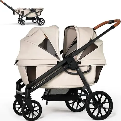 Weego khaki-colored stroller wagon with removable canopy and snack tray