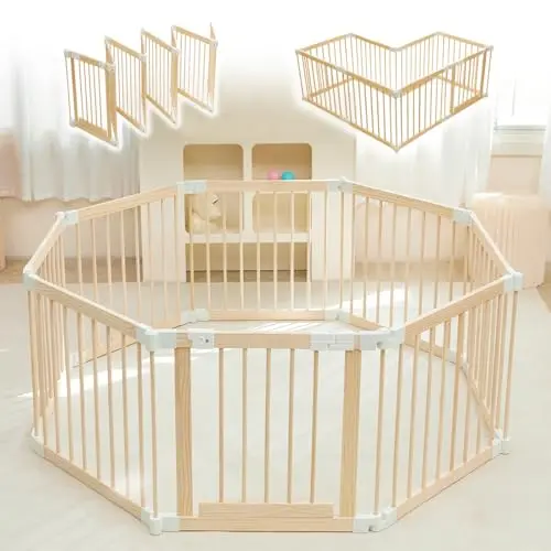HUTOCADA natural wood foldable baby play yard with gate