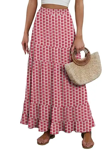 ANRABESS Women's Tiered Maxi Skirt in Floral Red with elastic high waist