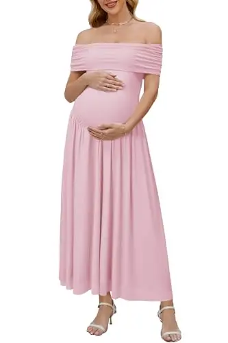 OUGES off the shoulder pleated maxi maternity dress