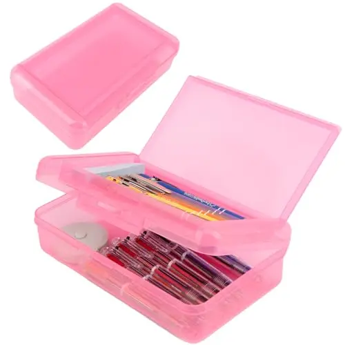 Tauywolci pink double-layer clear plastic pencil box with a snap-tight lid