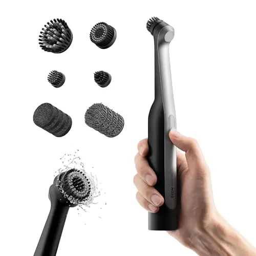 HOTO Wand sleek gray and black cordless electric spin scrubber with multiple small brush heads