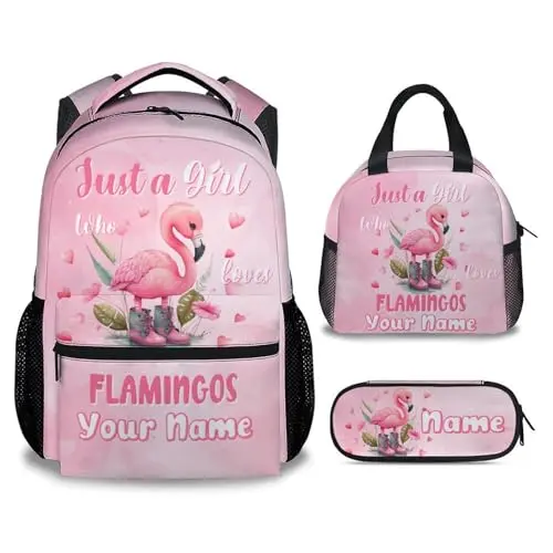 UNIKITTY Flamingo-themed personalized backpack set for girls with lunch box