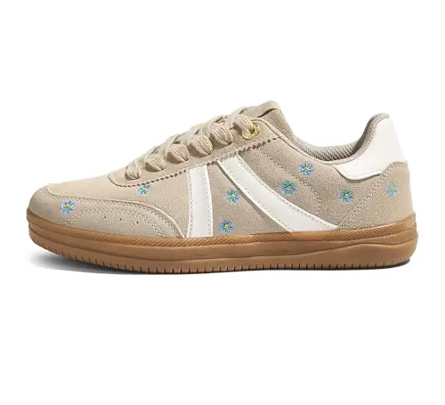 LUCKY STEP beige retro sneaker with floral embroidery and gum sole