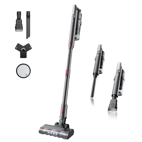 RONEAIR gray cordless stick vacuum cleaner standing upright on a floor