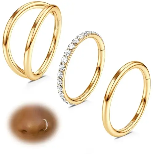 WYR 3-Piece Surgical Steel Double Hoop Nose Rings with CZ Details