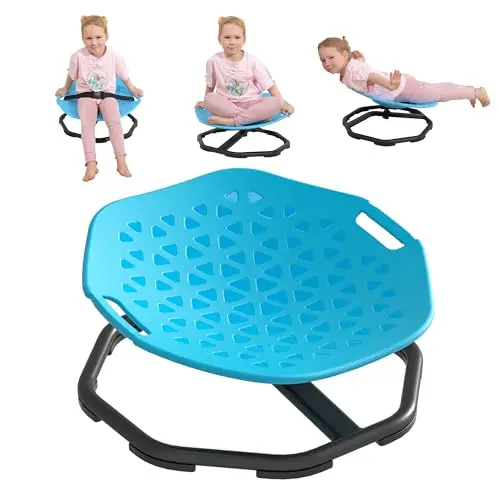 Blue sensory spinning chair for kids with safety handles and a belt