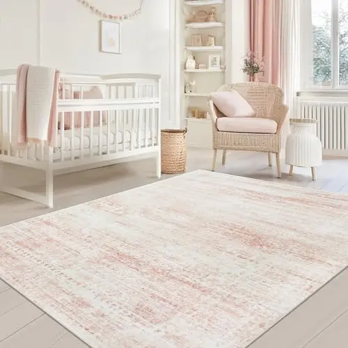 SRUGN light pink and white vintage floral pattern washable rug