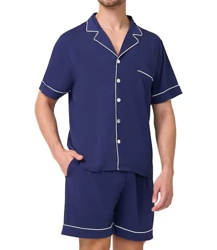 Bamboo Cool men's short sleeve button-down pajama set in navy blue