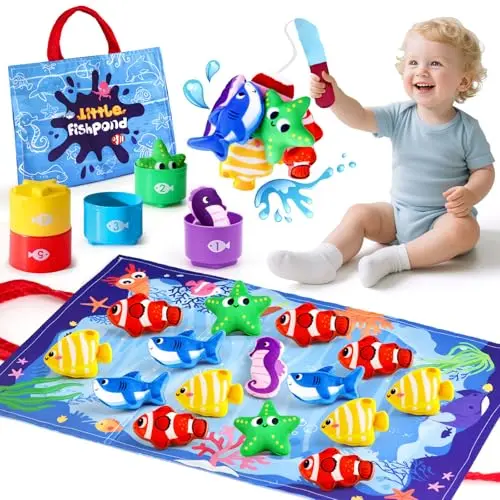 LovesTown soft cloth fishing game toy for toddlers with ocean mat and stacking cups