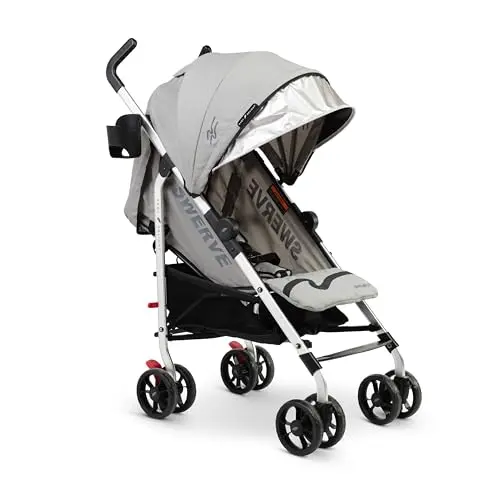 Baby Delight Swerve stroller in grey, folded compactly with auto-lock engaged