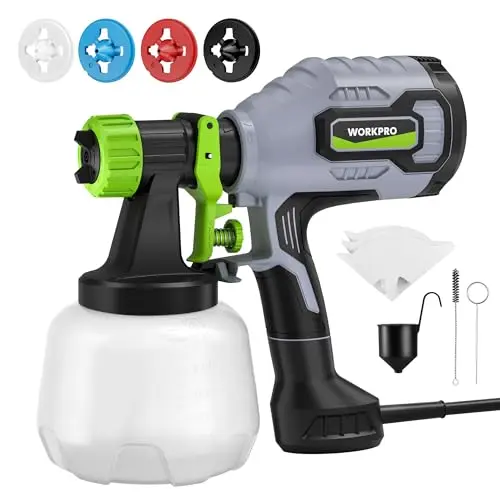 WORKPRO gray 600W HVLP paint sprayer gun with a large container.