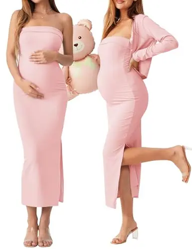QUNISY pink strapless maternity maxi dress with matching cardigan
