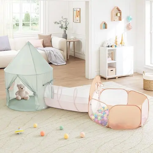 UTEX muted sage green play tent with ball pit and crawl tunnel