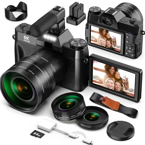 Yatao 6K digital camera with attached external microphone and dual lenses