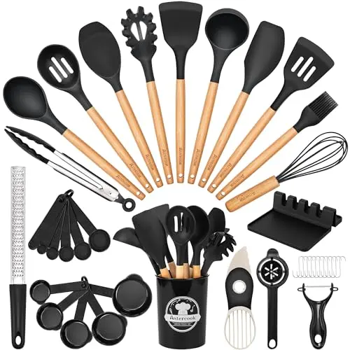 Astercook black silicone and wood handle kitchen utensil set