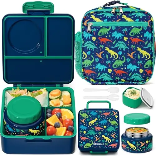 Fimibuke dinosaur themed bento lunch box set with insulated jar