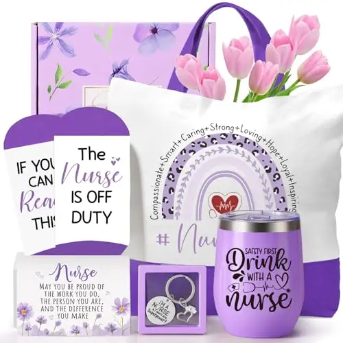 GiftPeak nurse gift set with canvas tote bag, insulated tumbler, socks, and keychain