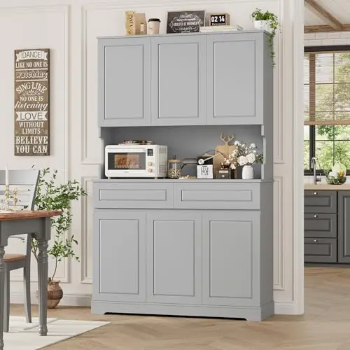 FACBOTALL tall modern grey kitchen pantry cabinet with multiple doors and drawers
