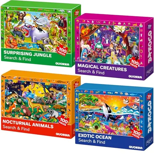 QUOKKA set of four 100-piece search and find puzzles showing detailed animal scenes