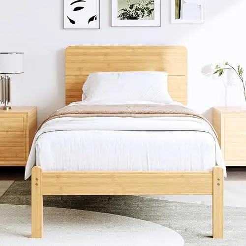 BOSRII natural bamboo twin XL platform bed with wide headboard