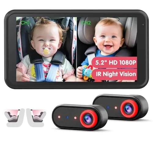 LUCKVIEW BM2 PRO dual baby car camera system with a 5.2-inch split-screen monitor.