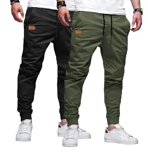 JMIERR 2-Pack Joggers in black and dark green, showing casual fit and pocket details