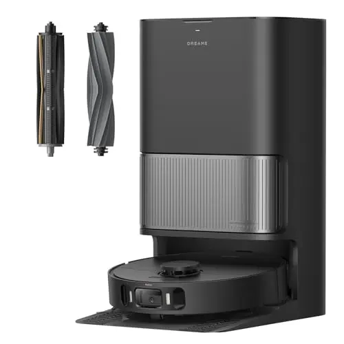 Dreame L40s Ultra AE robot vacuum in black with its all-in-one docking station.