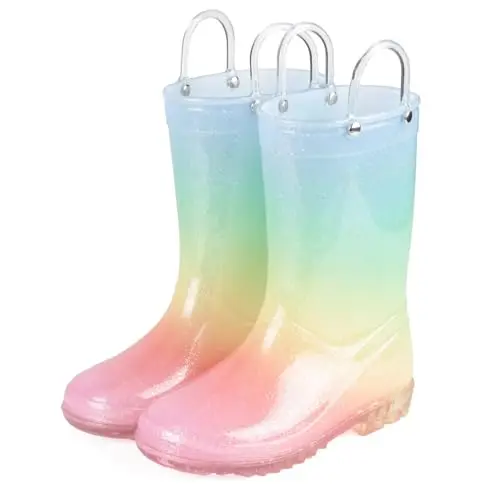 JUDIS girls glitter rain boots in multi-colors with handles