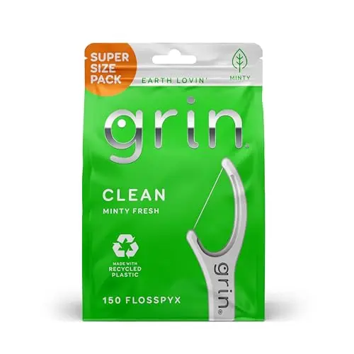 GRIN Clean Flosspyx dental floss picks showing the longer floss head and recycled plastic design