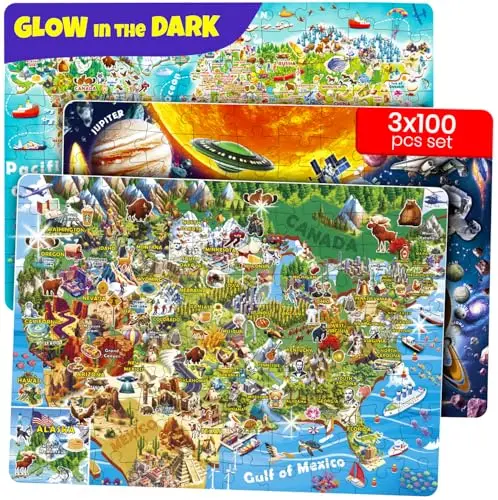 Quokka glow-in-the-dark puzzle set with USA map, world map, and solar system themes