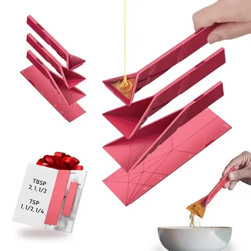 Polygons Folding Measuring Spoon in maroon color, showing flat-folded and unfolded states
