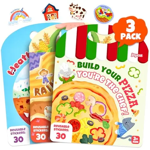 JoyCat reusable jelly sticker book set with farm, pizza, and weather themes