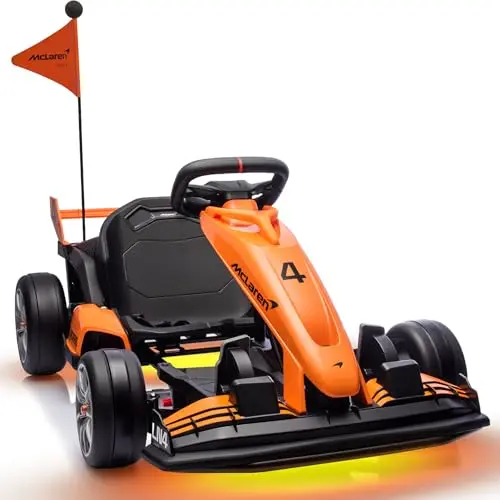 First Ride On licensed McLaren electric go kart in black and orange with underbody lights.
