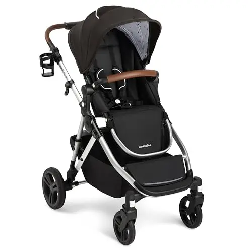 Mockingbird Single-to-Double Stroller 2.0 in Black with silver frame.