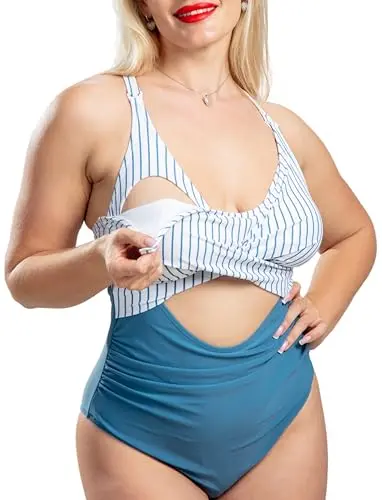 Evamom nursing and postpartum swimsuit in blue with discreet clips
