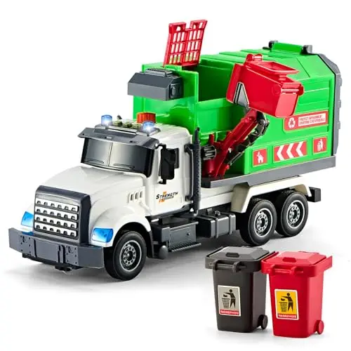 Large green garbage truck toy with a lifting arm and trash bins