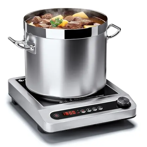 AMZCHEF commercial induction burner with a stainless steel panel and push-button controls.