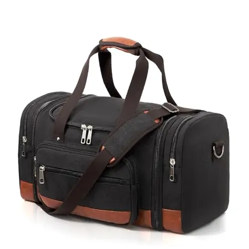 Voylic black canvas duffel bag with side pockets and padded strap