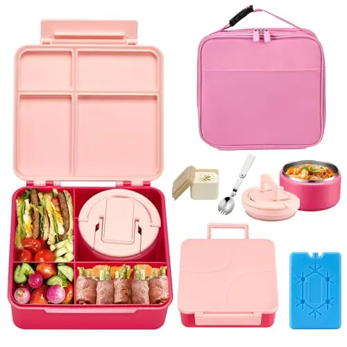 BABHAMNESS Pink Bento Lunch Box Set with 4 compartments, soup jar, and accessories