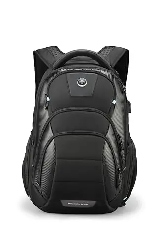 Swissdigital Design black travel backpack with Apple Find My network feature open on a table