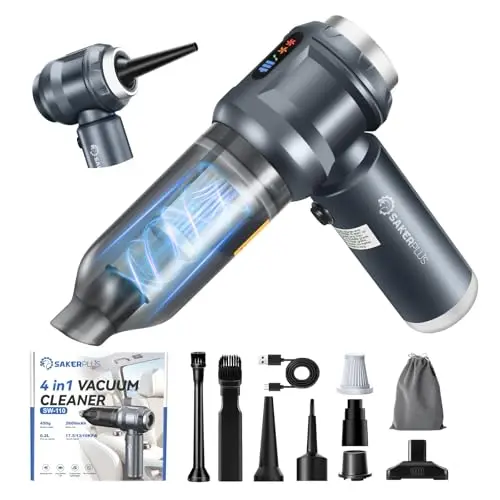 SakerPlus 4-in-1 handheld car vacuum cleaner in dark grey with various nozzles