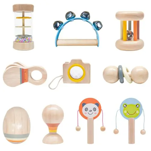 Assortment of ten small wooden musical instruments including a rain tube, drum, and bell