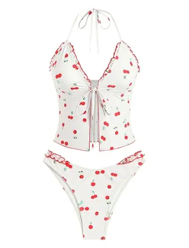 Zaful smocked ruffles tie front tankini set in light yellow with adjustable straps