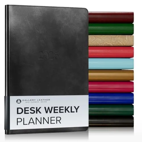 Gallery Leather Desk Weekly Monthly Planner in Acadia Black with gold-edged pages