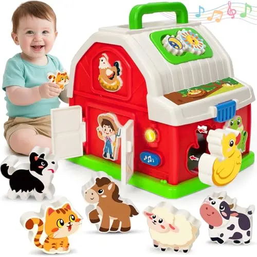 Musical red barn toy with animal shape sorting pieces and a farmer