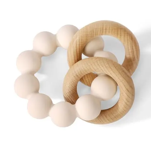One-piece teething ring with textured silicone beads and smooth beech wood rings