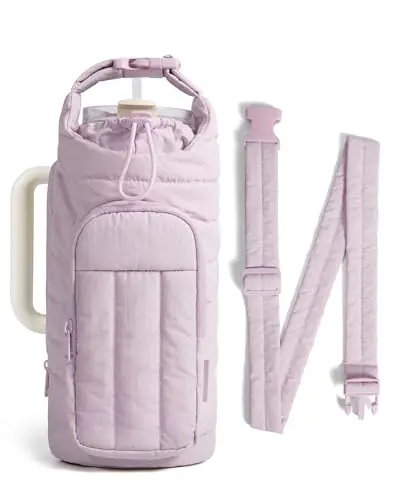 BAGSMART Water Bottle Holder Bag in purple color, showing crossbody style and drawstring closure