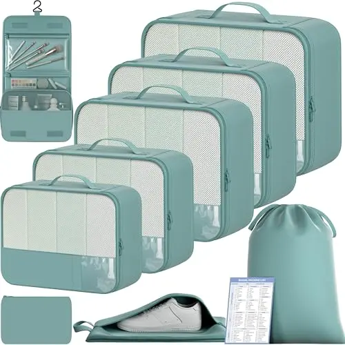 Bagail 9 Set Packing Cubes in Dusty Blue with multiple sizes and mesh tops